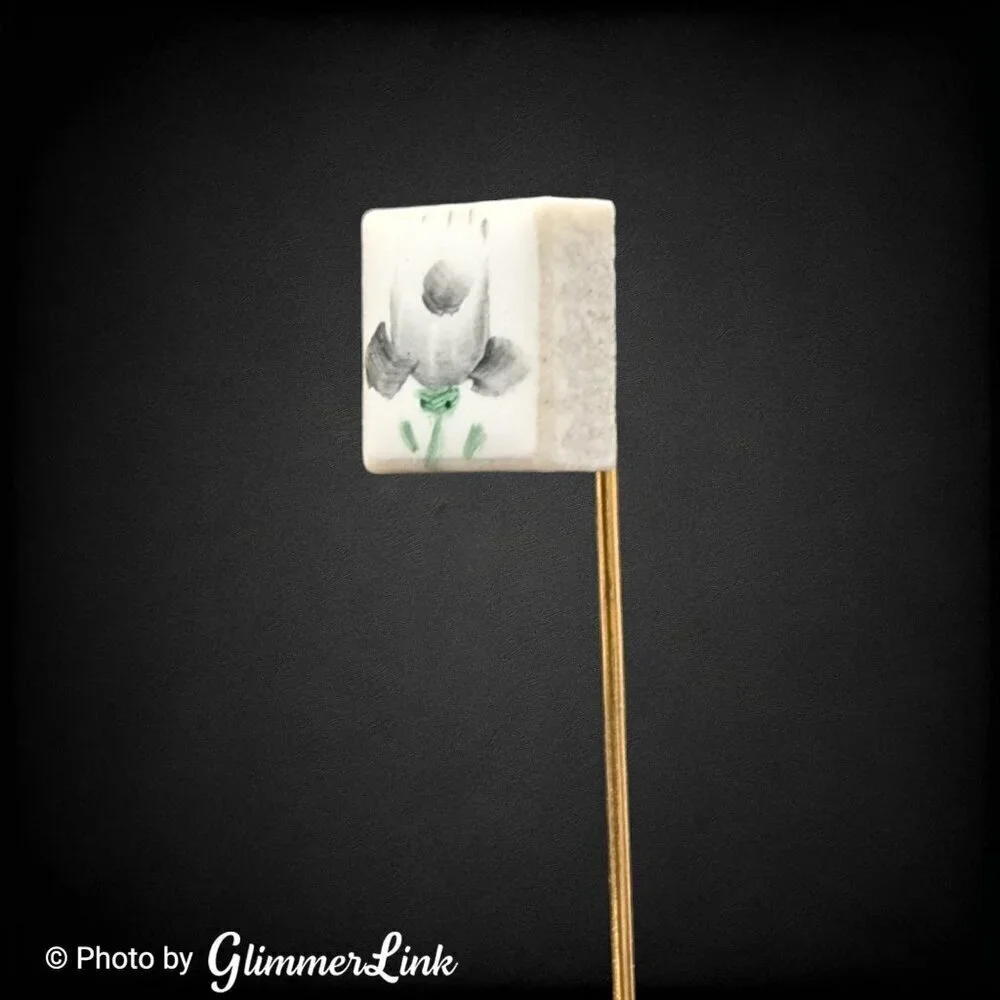 Vintage Floral Hand Painted Ceramic Marbled Square Gold Tone Stick Pin
